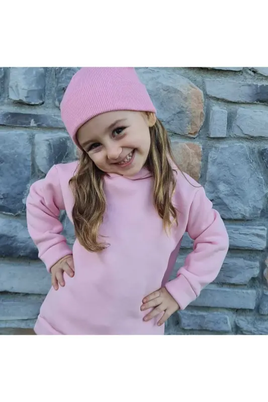 Kapüşonlu Oversize Sweatshirt - chaqaloq/bolalar Uch Ip Ichki Polar Qalin Mato Sweat - Pushti - 3