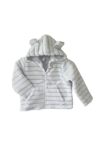Kapüşonlu peluş welsoft qiz-o‘g‘il bola-chaqaloqlar uchun kardi-jaket / oq chiziqli - Oq-kulrang - 3