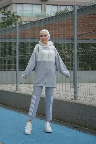 Kaputli Ikki Qismli Sport Kostyumi Trn1016 Kulrang 