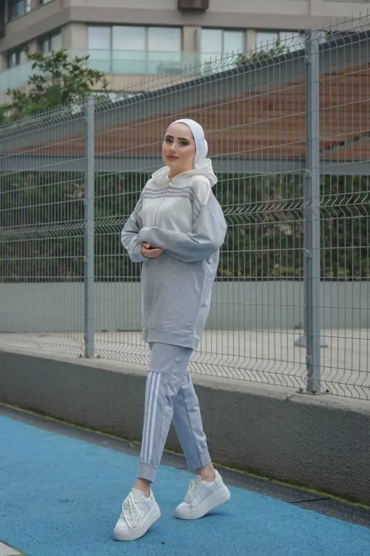 Kaputli Ikki Qismli Sport Kostyumi Trn1016 Kulrang - 2