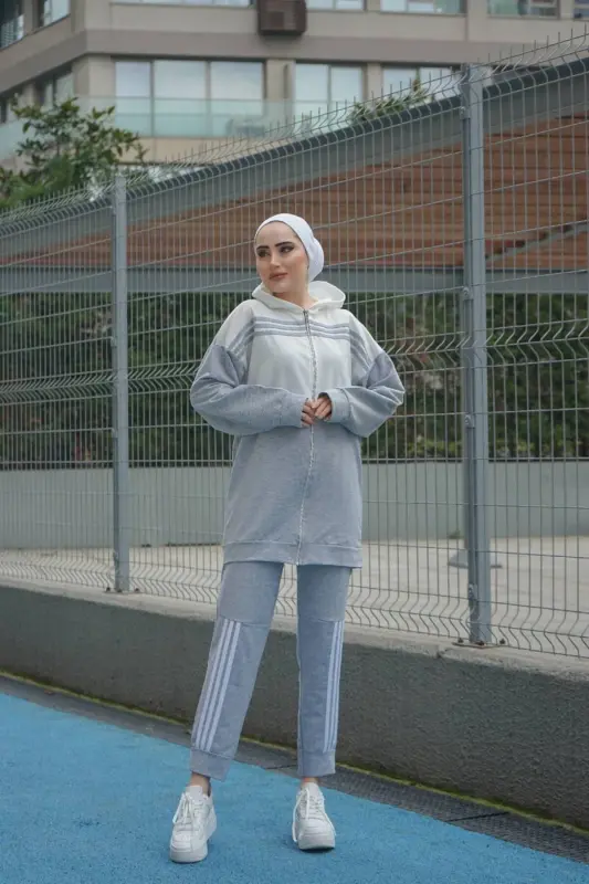 Kaputli Ikki Qismli Sport Kostyumi Trn1016 Kulrang - 7
