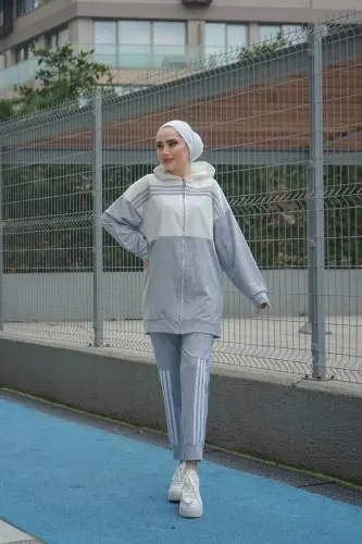 Kaputli Ikki Qismli Sport Kostyumi Trn1016 Kulrang - 8