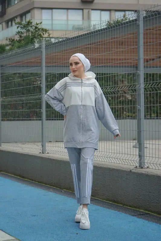 Kaputli Ikki Qismli Sport Kostyumi Trn1016 Kulrang - 8