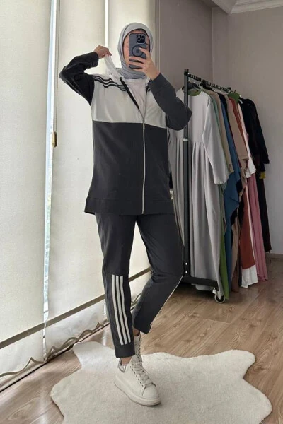 Kaputli Ikki Qismli Sport Kostyumi TRN1016 Tutun - 7