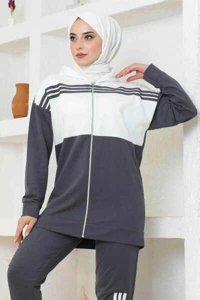 Kaputli Ikki Qismli Sport Kostyumi TRN1016 Tutun - 3