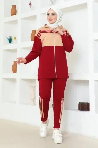 Kaputli Ikkita Qismli Sport Kostyumi TRN1016 Bordo Latte - 1
