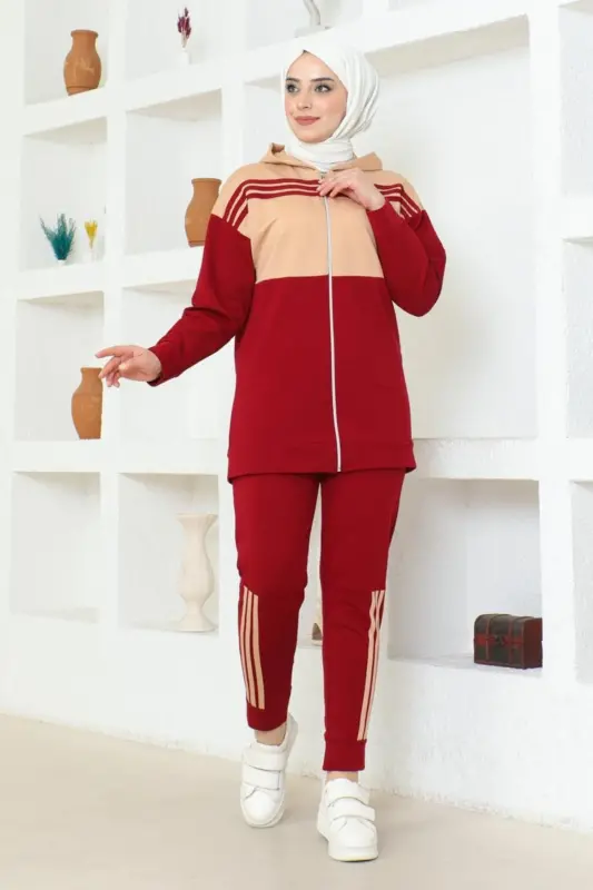 Kaputli Ikkita Qismli Sport Kostyumi TRN1016 Bordo Latte - 1
