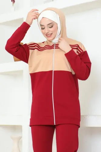 Kaputli Ikkita Qismli Sport Kostyumi TRN1016 Bordo Latte - BURCU TESETTÜR (1)