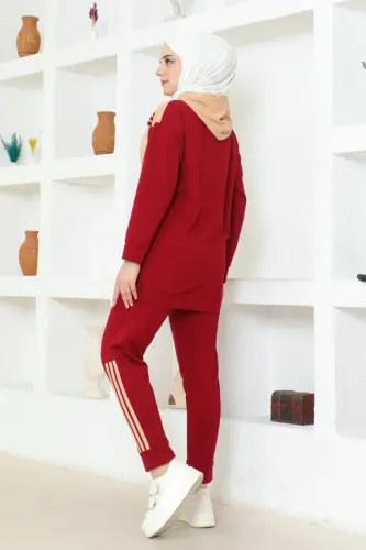 Kaputli Ikkita Qismli Sport Kostyumi TRN1016 Bordo Latte - 3