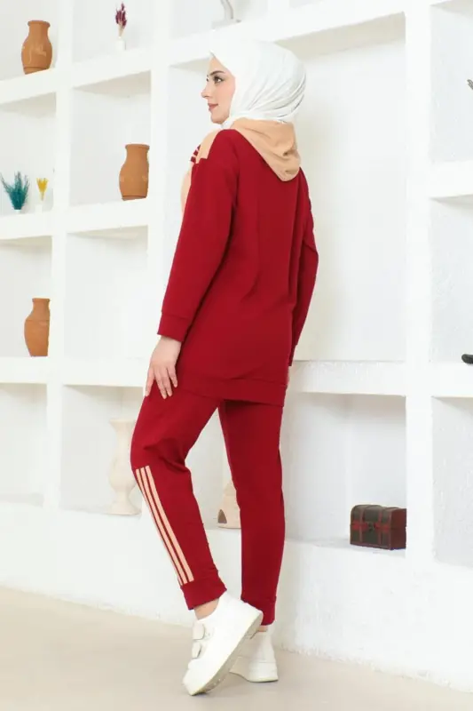Kaputli Ikkita Qismli Sport Kostyumi TRN1016 Bordo Latte - 3