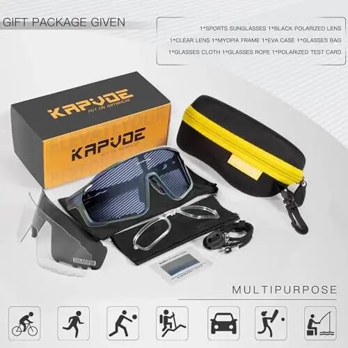 KAPVOE 3 Lens Cycling Sunglasses Men Women K76 | 3 Lenses: PC Day, Black Polarized, Clear Low Light; UV400, 3-Position Nose Pad - 6