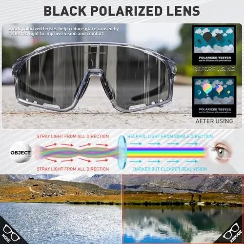 KAPVOE 3 Lens Cycling Sunglasses Men Women K76 | 3 Lenses: PC Day, Black Polarized, Clear Low Light; UV400, 3-Position Nose Pad - 3