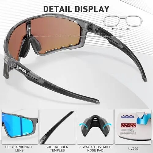 KAPVOE 3 Lens Cycling Sunglasses Men Women K76 | 3 Lenses: PC Day, Black Polarized, Clear Low Light; UV400, 3-Position Nose Pad - 4