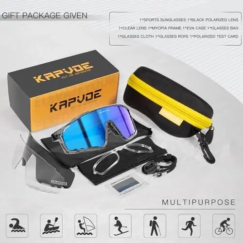 KAPVOE 3 Lens Cycling Sunglasses Men Women K76 | 3 Lenses: PC Day, Black Polarized, Clear Low Light; UV400, 3-Position Nose Pad - 6