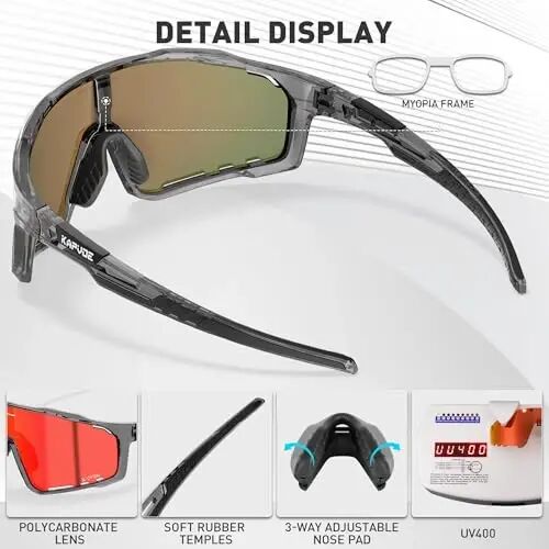 KAPVOE 3 Lens Cycling Sunglasses Men Women K76 | 3 Lenses: PC Day, Black Polarized, Clear Low Light; UV400, 3-Position Nose Pad - 4