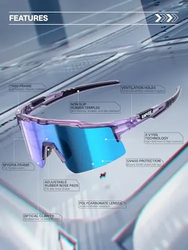 KAPVOE Polarized Cycling Glasses Sports Sunglasses for Men Women, UV400 MTB Bicycle Mountain Bike Glasses with 3 Lenses K75 - 3