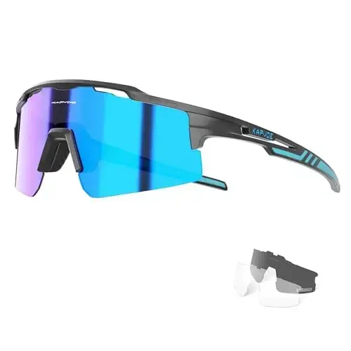 KAPVOE Cycling Glasses Sports Sunglasses for Men Women, Polarized UV400 MTB Bicycle Mountain Bike Glasses with 3 Lenses 