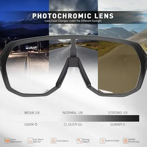 KAPVOE Erkaklar va ayollar uchun fotochromik velosiped ko'zoynaklari Tog' velosipedi uchun quyoshdan saqlaydigan sport ko'zoynaklari UV himoyasi K63 - 3