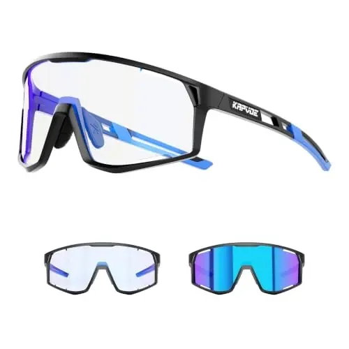 KAPVOE Photochromic Cycling Glasses Men Mountain Bike Sunglasses Women Clear MTB Sports Goggles Transition Bicycle Glasses Triathlon Running UV Protection Blue 