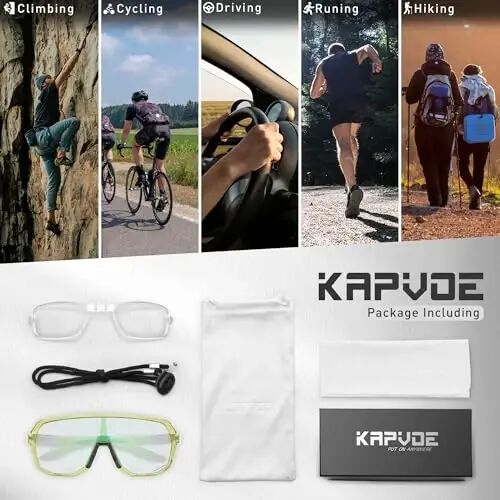 KAPVOE Photochromic Cycling Sunglasses UV400 TR90 Men Women K63 | Clear to Black Photochromic CAT.0-CAT.2, UV400, Ventilation, Lightweight TR90 - 6