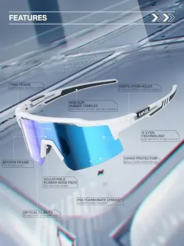 KAPVOE Polarized Cycling Glasses Sports Sunglasses for Men Women, UV400 MTB Bicycle Mountain Bike Glasses with 3 Lenses K75 - 3