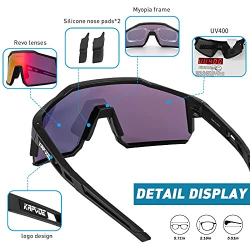KAPVOE Polarized velosiped ko'zoynaklari 1 linza yoki 4 almashtiriladigan linzalar bilan Tr90 ramka, erkaklar va ayollar uchun sport ko'zoynaklari velosiped - 4