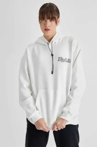 Kapyuşonli Orqa Bosma Uch Ichlik Oversize Sweatshirt - Oq - 1