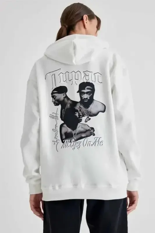 Kapyuşonli Orqa Bosma Uch Ichlik Oversize Sweatshirt - Oq - 2