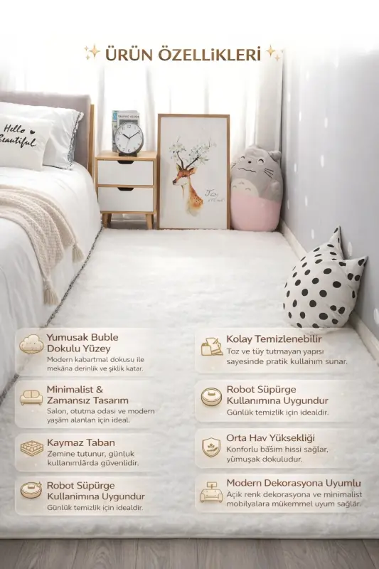Beyaz Peluş Halı Robot Süpürgeye Uygun Kalın Yumuşak Oturma Odası Post Dokuma Halı - Beyaz - 2
