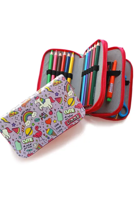 Карандаш Чехол Единорог-фламинго Дизайн Kawaii Органайзер Пенал Веган Кожа Три Отделения Пенал-цветной9 - 3