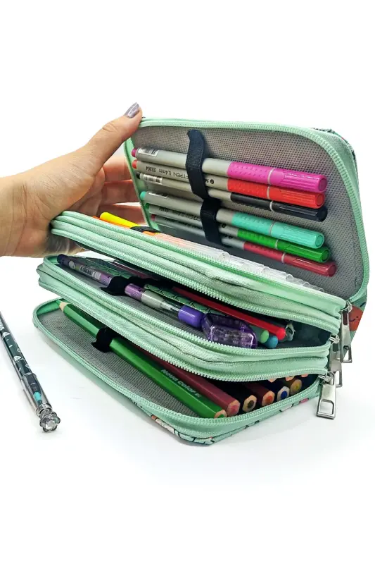 Карандаш Чехол Единорог Узор Зеленый Kawai Organizer Карандаш Веган Кожа Три Отсека Карандашница-цветной14 - 4