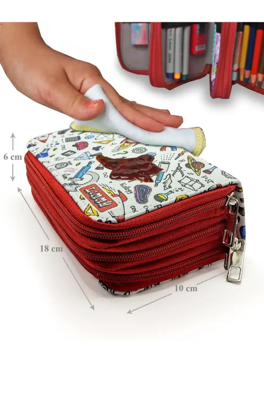 Карандаш Чехол Наука Дизайн Кавай Органайзер Карандаш Веганская Кожа Три Отделения Пенал - Красный-Наука Красный - 6