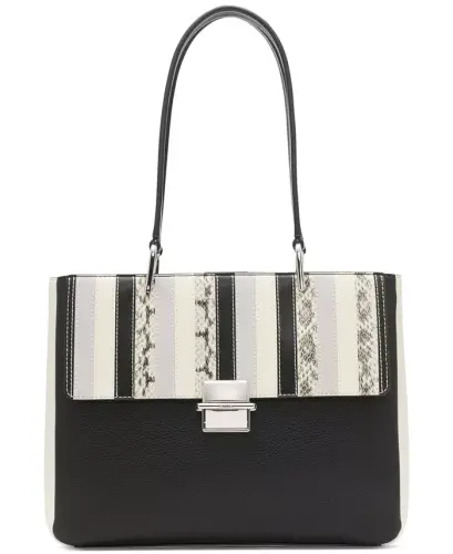 Clove Mixed Material Push-Lock Triple Compartment Tote Bag - Black/White Snake - 1