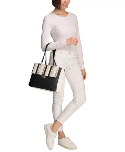 Clove Mixed Material Push-Lock Triple Compartment Tote Bag - Black/White Snake - 8