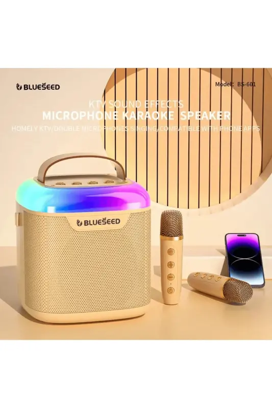 Karaoke Bluetooth Hoparlör – Kablosuz, Rgb Işıklı, 2 Mikrofonlu, Taşınabilir Eğlence Sistemi-Altın - 1
