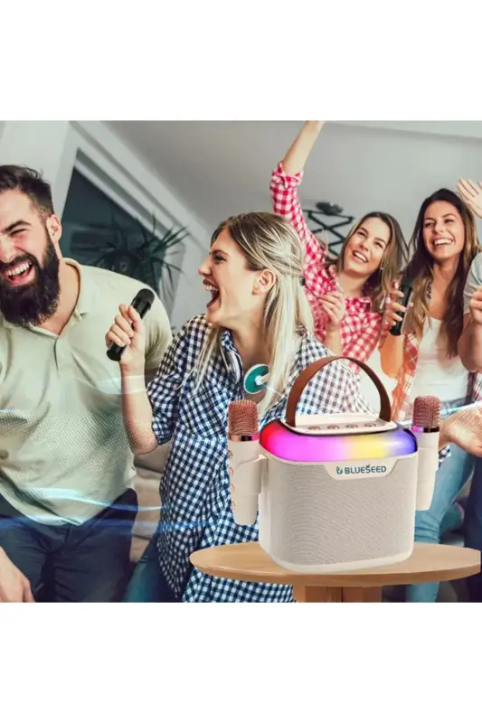 Karaoke Bluetooth Hoparlör – Kablosuz, Rgb Işıklı, 2 Mikrofonlu, Taşınabilir Eğlence Sistemi-Altın - 2