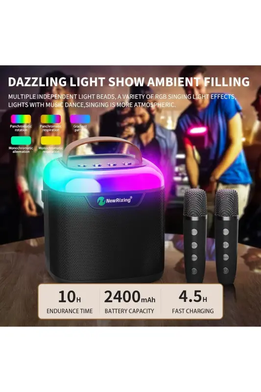 Karaoke Bluetooth Hoparlör – Kablosuz, Rgb Işıklı, 2 Mikrofonlu, Taşınabilir Eğlence Sistemi-Siyah - 2