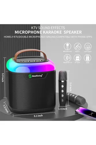 Karaoke Bluetooth Hoparlör – Kablosuz, Rgb Işıklı, 2 Mikrofonlu, Taşınabilir Eğlence Sistemi-Siyah 