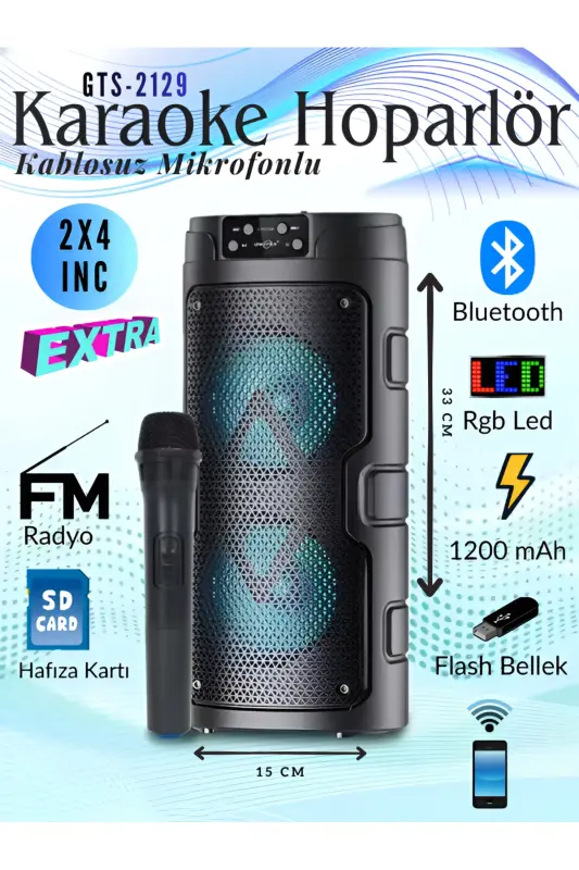 GTS-2129 Bluetooth Hoparlör Kablosuz Mikrofonlu Karaoke Speaker Ses Bombası RGB Işıklı Radyo Sd Kart - 1
