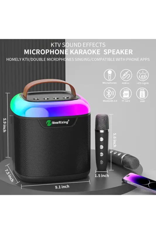 Karaoke Bluetooth karnay - simsiz, Rgb yoritgichli, 2 mikrofonli, ko'chma ko'ngilochar tizim-Qora - 1