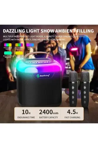 Karaoke Bluetooth karnay - simsiz, Rgb yoritgichli, 2 mikrofonli, ko'chma ko'ngilochar tizim-Qora - YELLOWTECH (1)