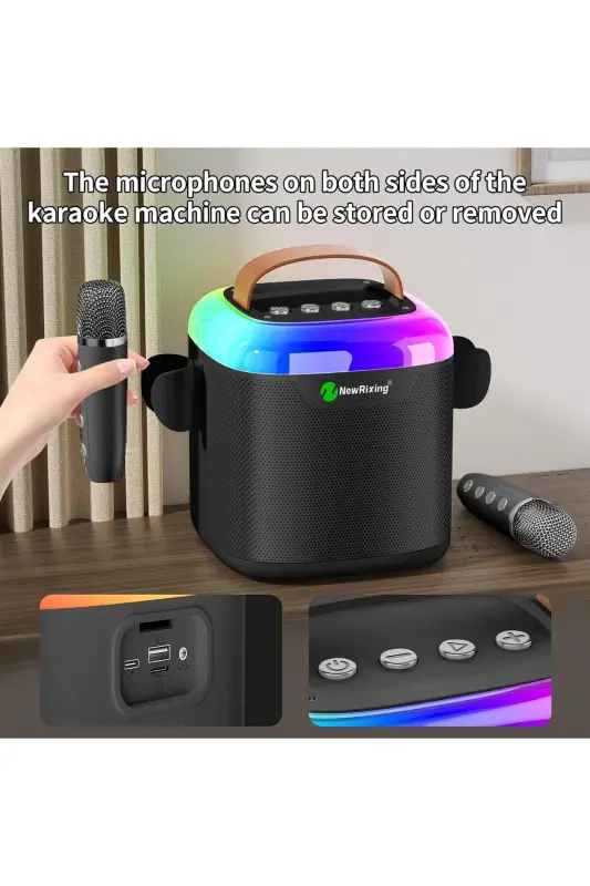 Karaoke Bluetooth karnay - simsiz, Rgb yoritgichli, 2 mikrofonli, ko'chma ko'ngilochar tizim-Qora - 3
