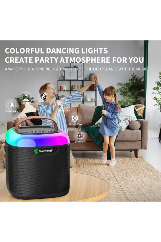 Karaoke Bluetooth karnay - simsiz, Rgb yoritgichli, 2 mikrofonli, ko'chma ko'ngilochar tizim-Qora - 4