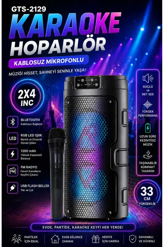 Karaoke Bluetooth karnaylar, telefon stendi, simsiz subwoofer, RGB yoritgich, FM, SD, mikrofonli ovoz kuchaytirgich - 1