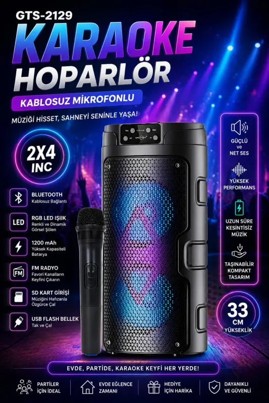 Karaoke Bluetooth Speaker with Phone Stand, Wireless Subwoofer, RGB Lights, FM, SD, and Microphone. - NEXTBUY