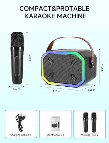 Karaoke Machine bolalar va kattalar uchun, Mini Portativ Bluetooth karnay 2 ta simsiz mikrofon bilan, TV uchun Led chiroqlar, Qizlar va o'g'il bolalar oilaviy partiya tug'ilgan kun uchun sovg'alar (Qora) - 3