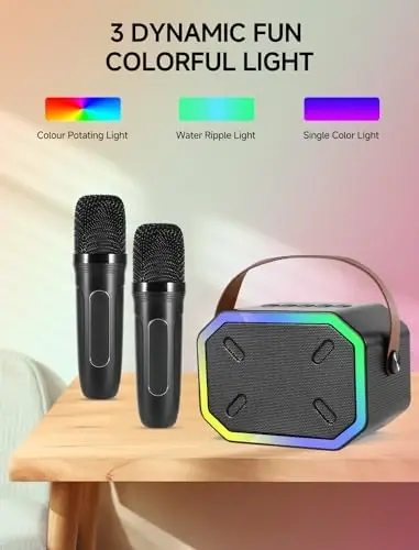Karaoke Machine bolalar va kattalar uchun, Mini Portativ Bluetooth karnay 2 ta simsiz mikrofon bilan, TV uchun Led chiroqlar, Qizlar va o'g'il bolalar oilaviy partiya tug'ilgan kun uchun sovg'alar (Qora) - 5