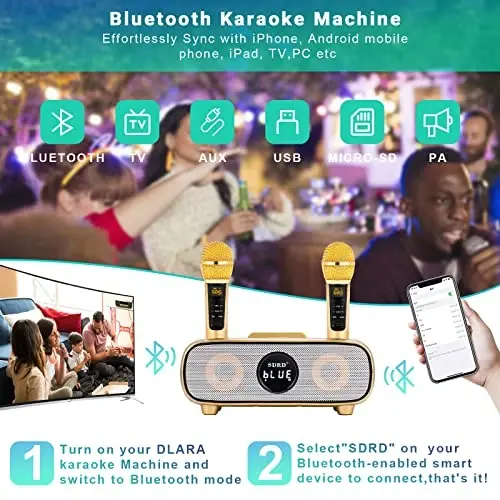 Karaoke Machine for Adults and Kids, Portable Bluetooth 2 Wireless Karaoke Microphone with Holder/USB/TF Card/AUX-in, PA Speaker System for Home Party, Picnic, Car, Outdoor/Indoor - 5