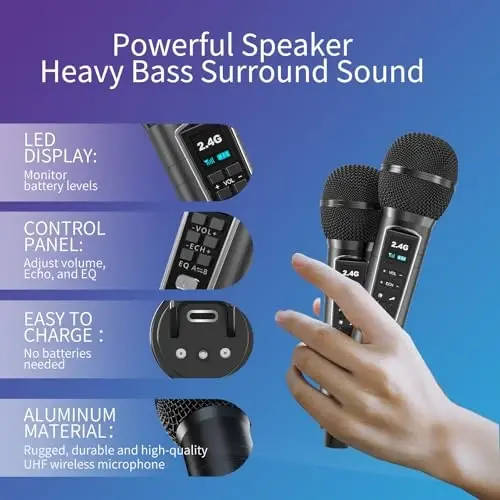 Karaoke Machine for Adults and Kids with 2 UHF Wireless Microphones, Portable Bluetooth Speaker PA Speaker System with LED Party Lights for Home Party, Picnic, Car, Outdoor/Indoor/Birthday Gifts - 2