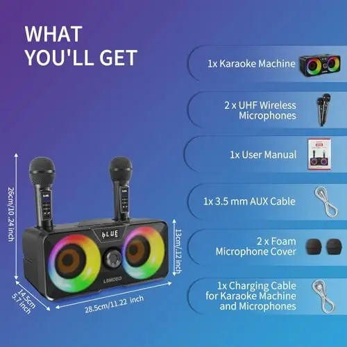 Karaoke Machine for Adults and Kids with 2 UHF Wireless Microphones, Portable Bluetooth Speaker PA Speaker System with LED Party Lights for Home Party, Picnic, Car, Outdoor/Indoor/Birthday Gifts - 4